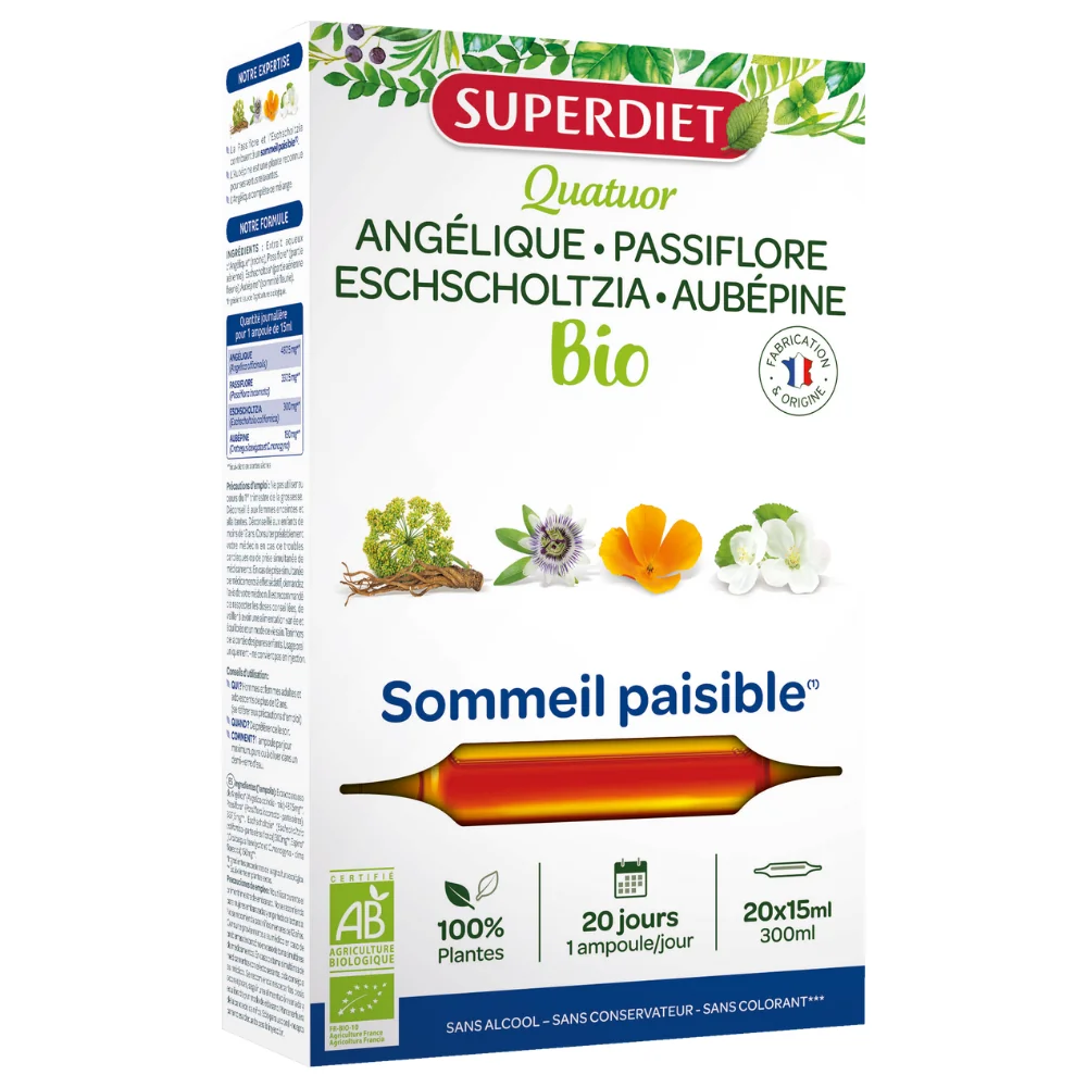 4 Plante pentru somn linistit Bio, 15ml x 20 fiole, Superdiet