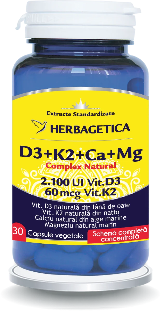 Complex Natural D3+K2+Ca, 30 capsule vegetale, Herbagetica