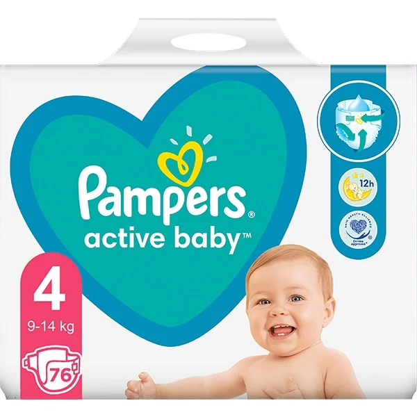 Scutece Active Baby, 9-14kg, Marimea 4, 76 bucati, Pampers