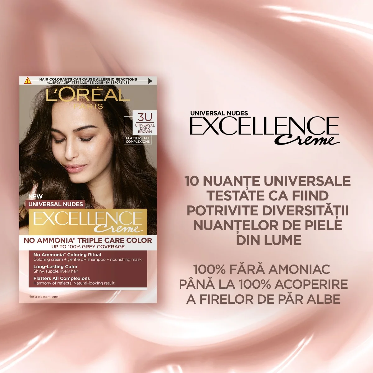 Vopsea de par permanenta fara amoniac Excellence 3U Universal Nudes Dark Brown, 192ml, L'Oreal Paris 