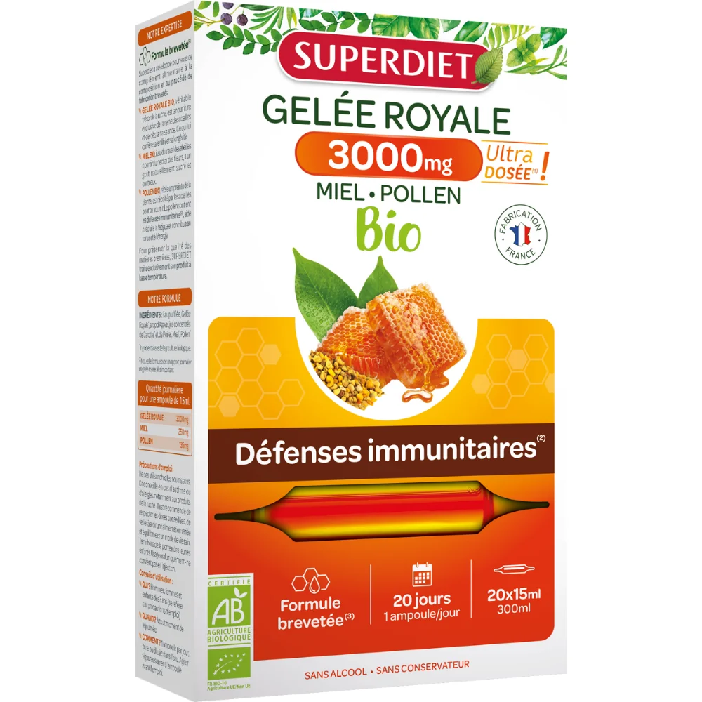 Laptisor de matca Gelee Royale 3000mg Bio, 15ml x 20 fiole sticla, Superdiet 