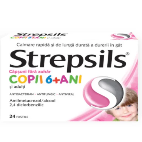 Strepsils cu aroma de capsuni fara zahar copii 6+ ani, 24 pastile, Reckitt Benckiser