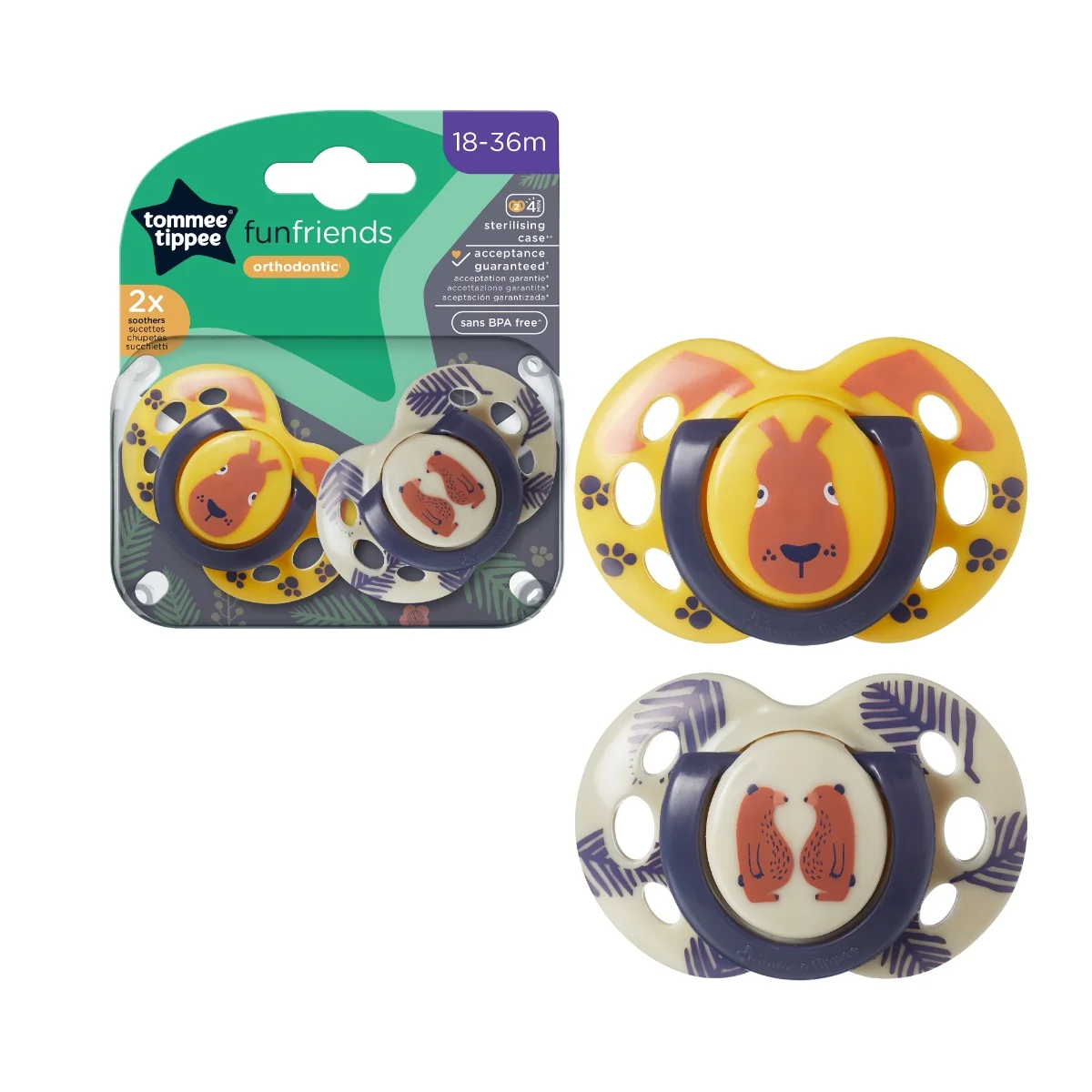 Suzeta ortodontica pentru 18-36 luni Fun Alb/Galben, 2 bucati, Tommee Tippee