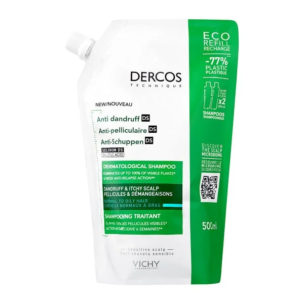 Rezerva sampon anti-matreata pentru par normal-gras Eco Dercos, 500ml, Vichy 