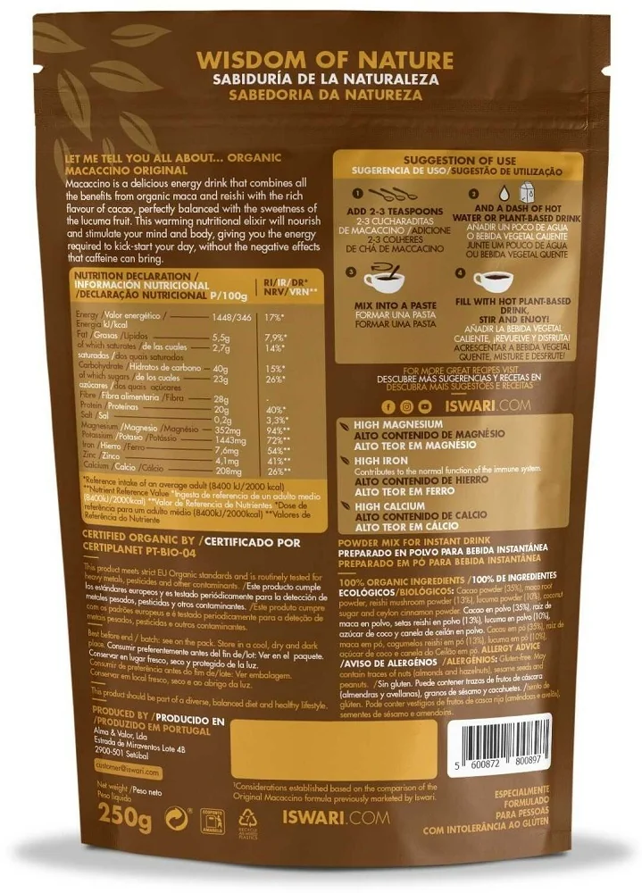 Bautura instant energizanta bio vegana Macaccino Original Reishi, 250g, Iswari 