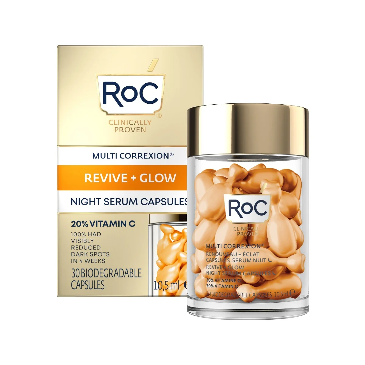 Capsule cu ser pentru noapte Multi Correxion Revive + Glow, 30 bucati, RoC