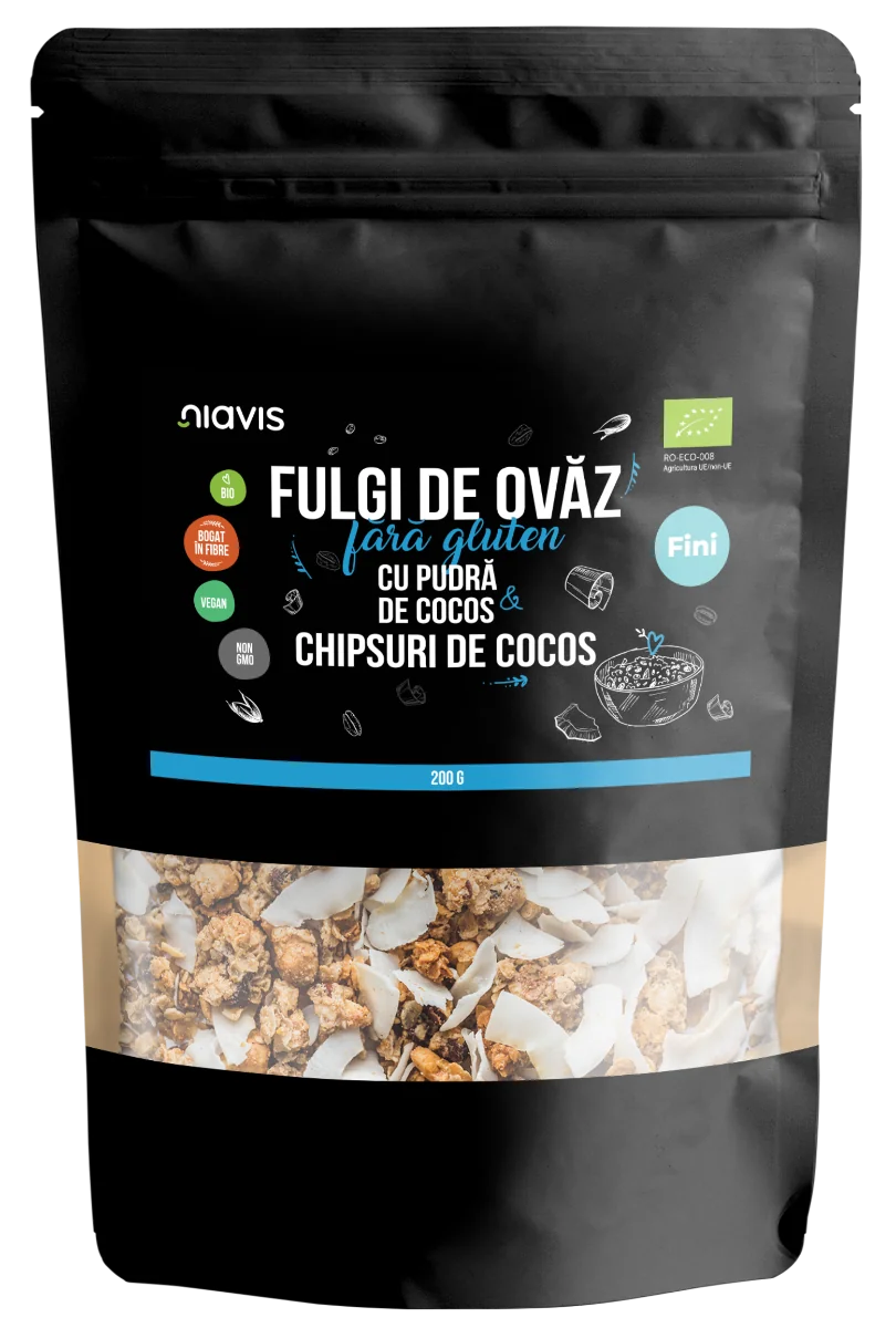 Fulgi de ovaz fini fara gluten cu pudra si chipsuri de cocos Eco, 200g, Niavis