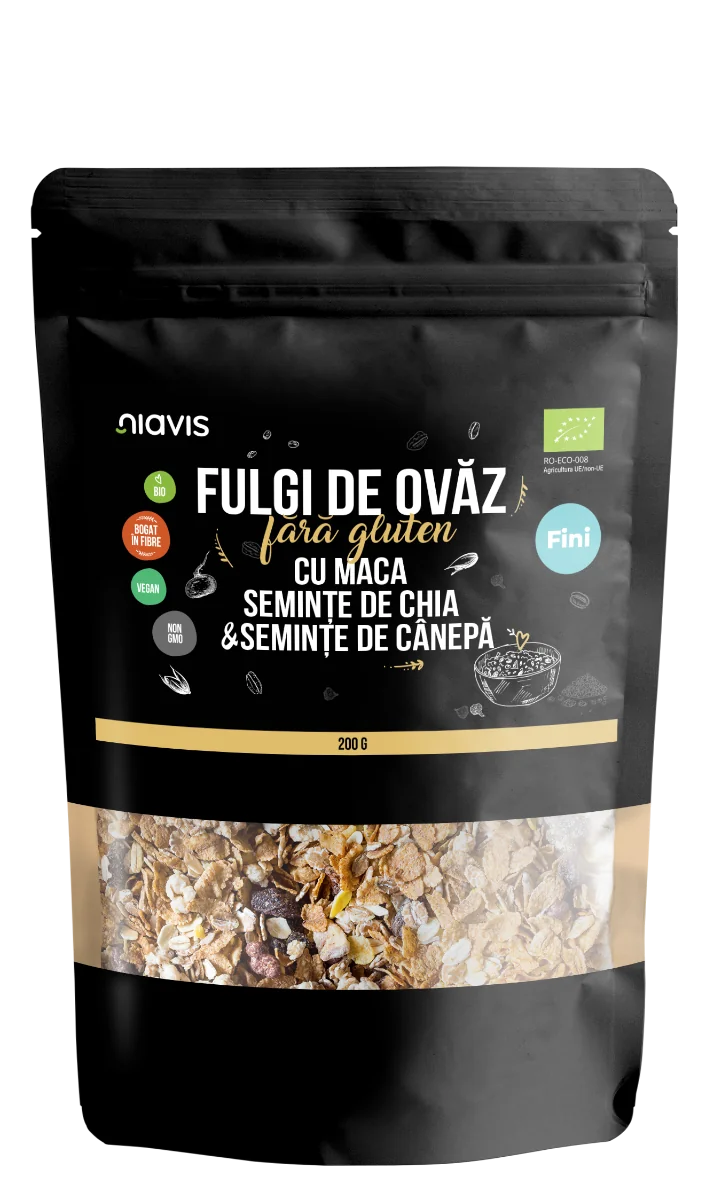 Fulgi de ovaz fini fara gluten cu maca, chia si seminte de canepa Eco, 200g, Niavis