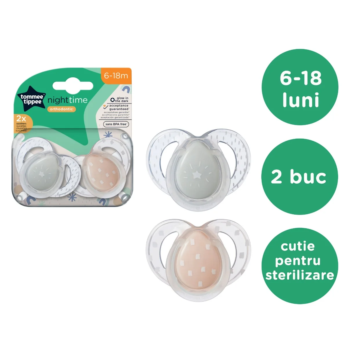 Suzeta ortodontica de noapte pentru 6-18 luni Bej/Gri Steluta, 2 bucati, Tommee Tippee 