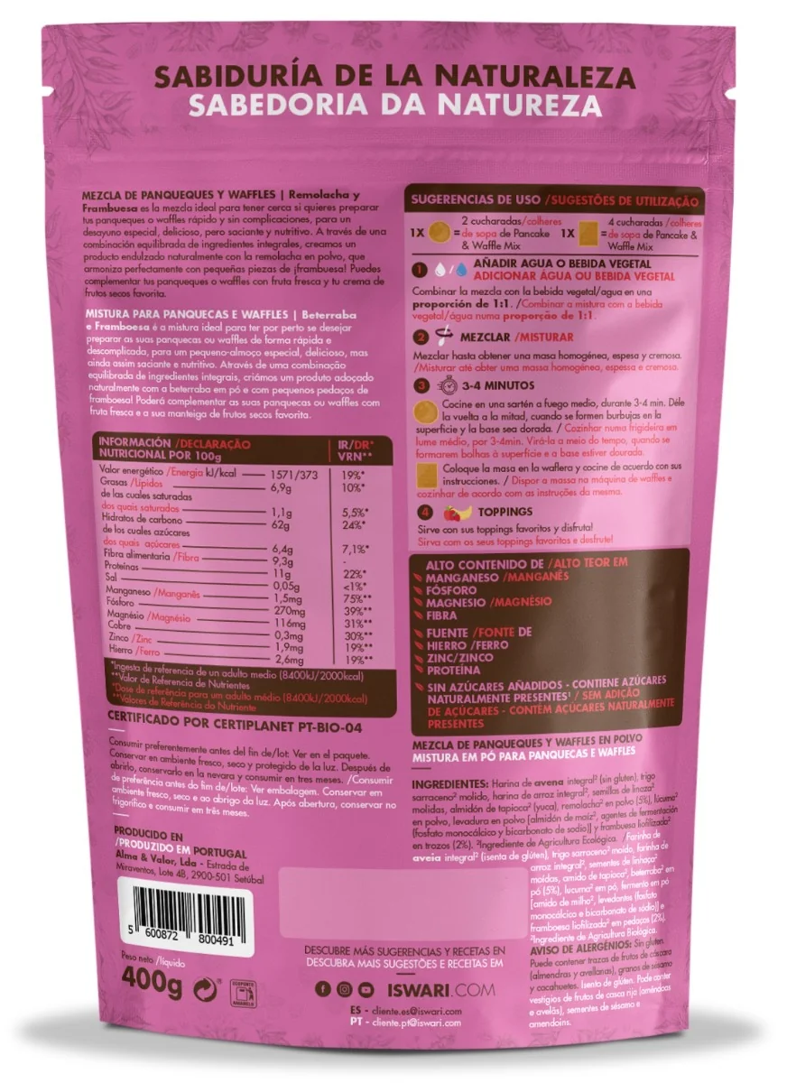 Mix pentru clatite si vafe bio cu zmeura si sfecla rosie, 400g, Iswari 