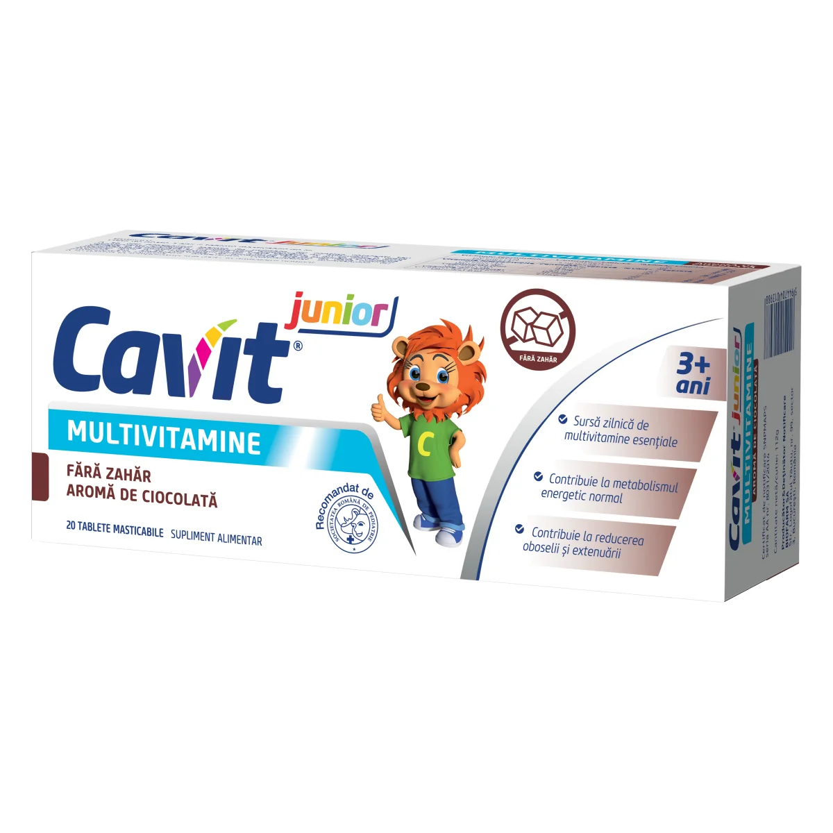 Multivitamine cu aroma de ciocolata fara zahar Junior, 20 tablete, Cavit