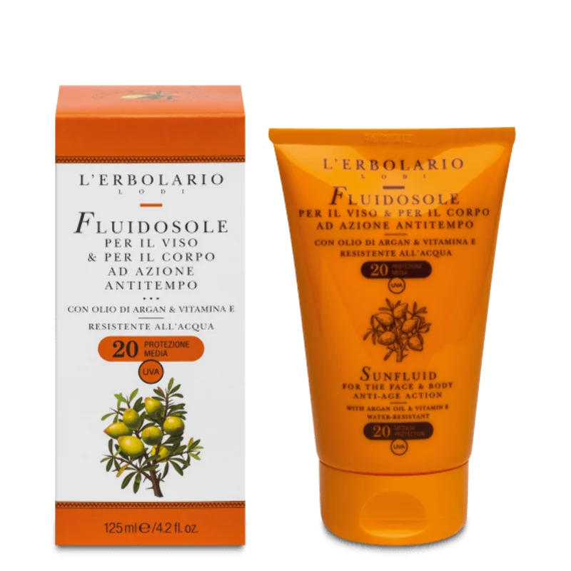 L'Erbolario Sun Fluid pentru fata si corp Argan&E SPF20, 125ml