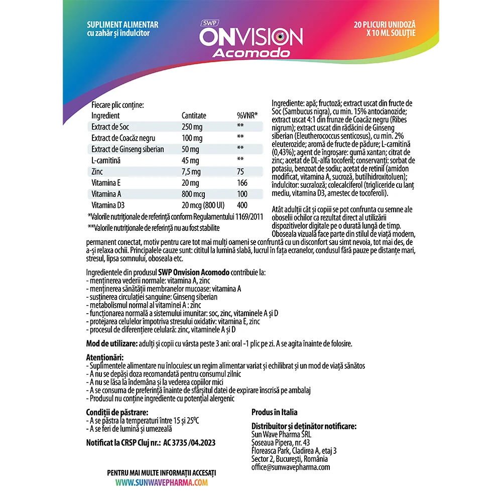 Ovision Acomodo, 20 plicuri, Sun Wave Pharma