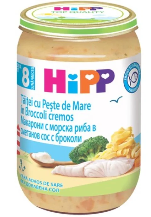 Taitei Bio cu peste de mare in brocolli cremos 8+ luni, 220g, Hipp