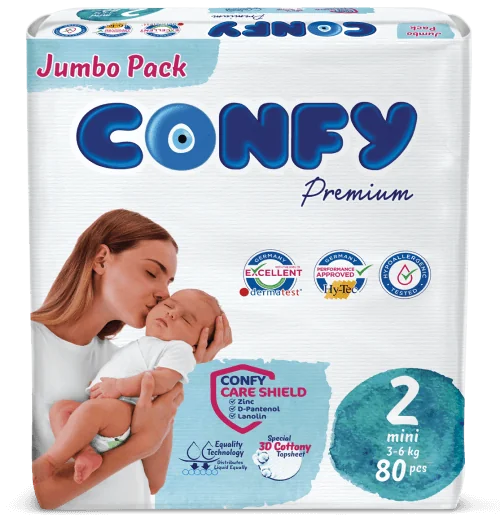 Scutece pentru copii Jumbo Premium Mini Nr.2 pentru 3 – 6Kg, 80 bucati, Confy