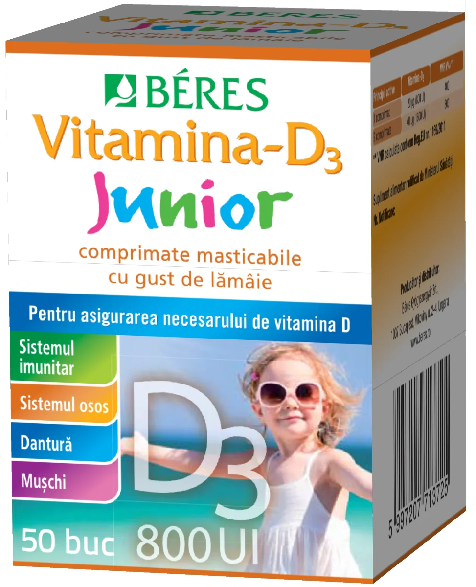 Vitamina D3 Junior 800 UI, 50 comprimate masticabile, Beres