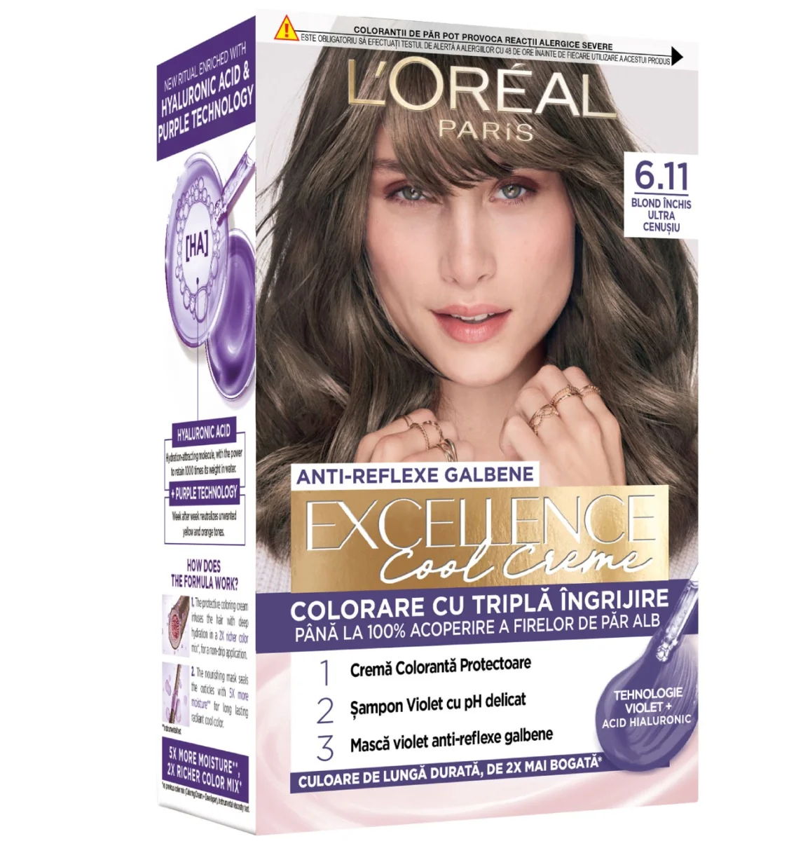 Vopsea de par permanenta Excellence Cool Creme 6.11 Blond Inchis Ultra-Cenusiu, 192ml, L'Oreal Paris 