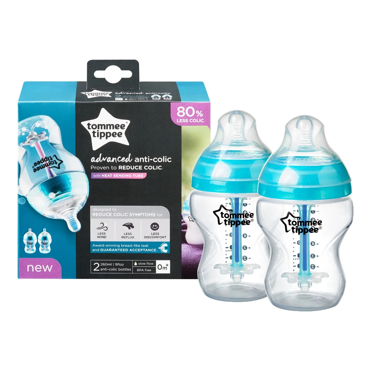 Set biberoane Advanced anti-colici cu sistem de ventilatie Albastru, 2 x 260ml, Tommee Tippee