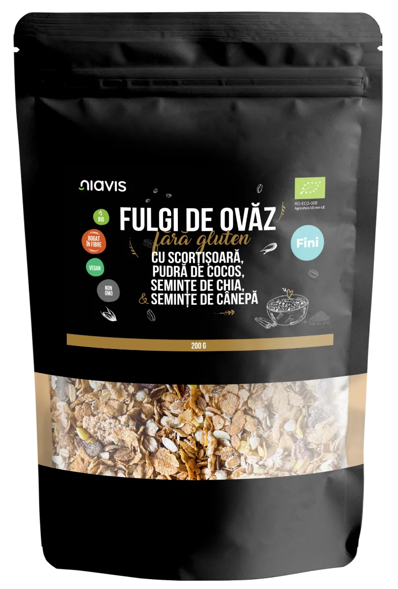 Fulgi de ovaz fini fara gluten cu scortisoara, cocos, chia si seminte de canepa Eco, 200g, Niavis