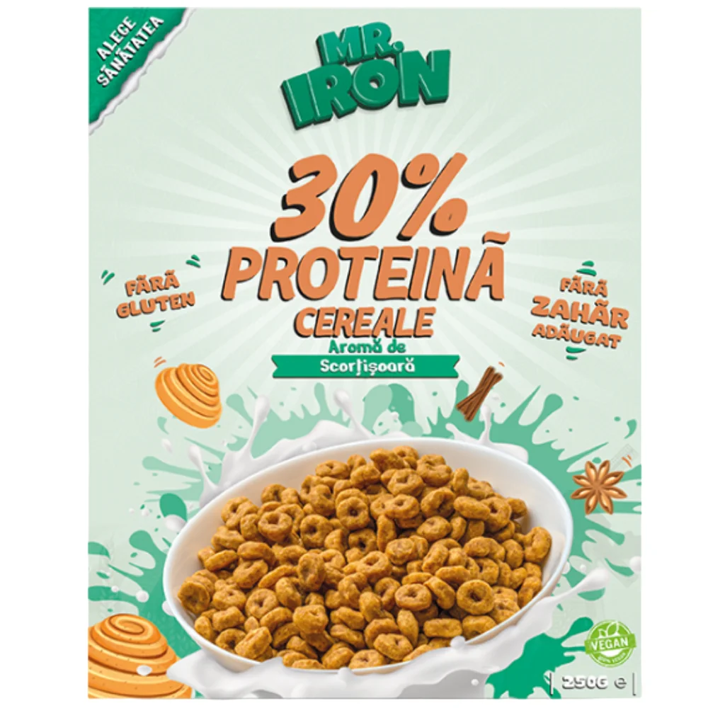 Cereale cu 30% proteina fara zahar low-carb gluten free si vegane Scortisoara, 250g, Mr. Iron