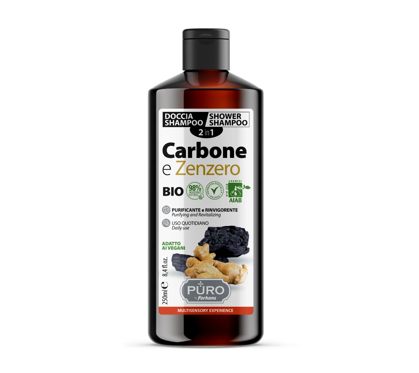 Sampon si gel de dus 2in1 cu ghimbir si carbune, 250ml, Puro by Forhans