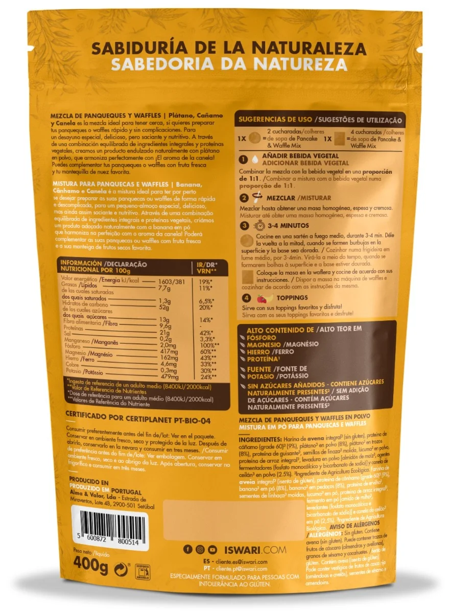 Mix pentru clatite si vafe bio cu banane si proteina de canepa, 400g, Iswari 