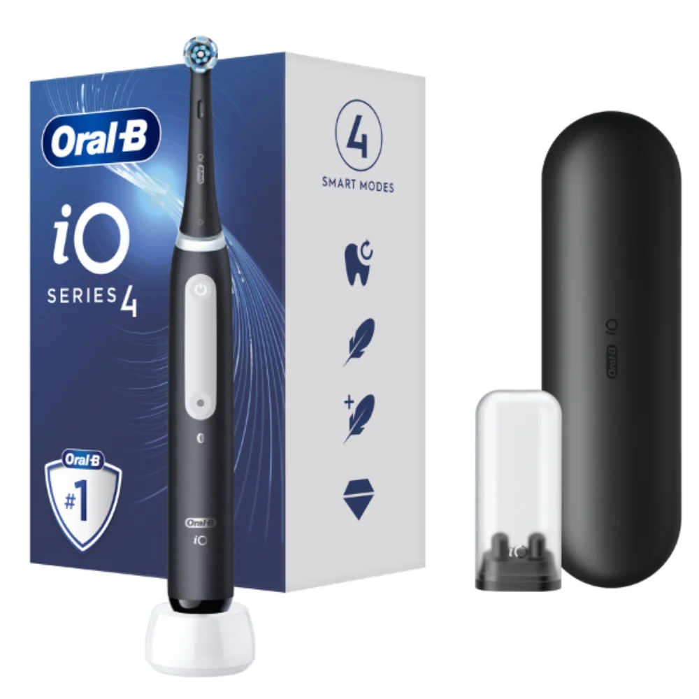 Set Periuta cu tehnologie magnetica si micro-vibratii iO4  + Trusa de voiaj Matte Black, Oral-B