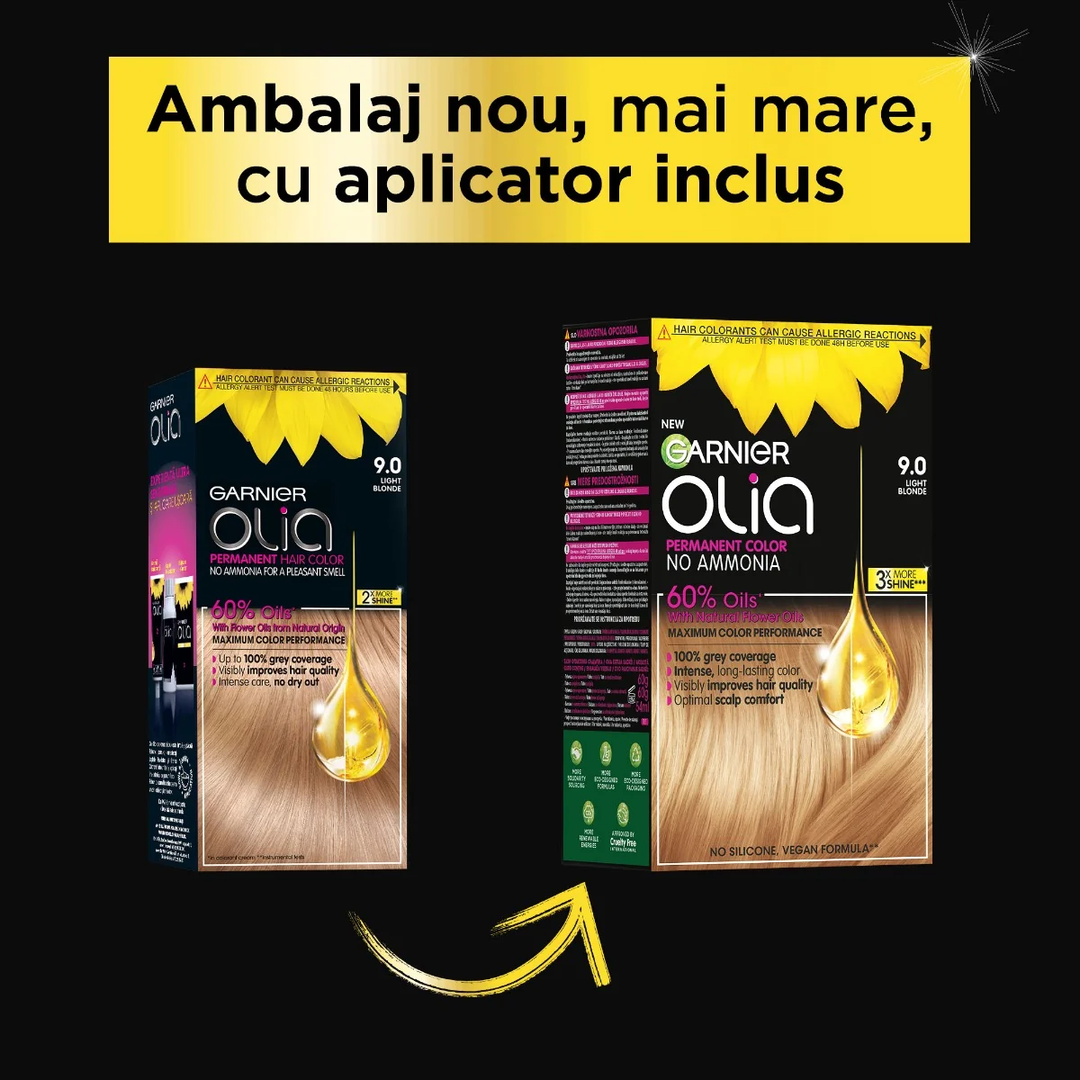 Vopsea de par permanenta fara amoniac Olia 9.0 Light Blonde, 174ml, Garnier 