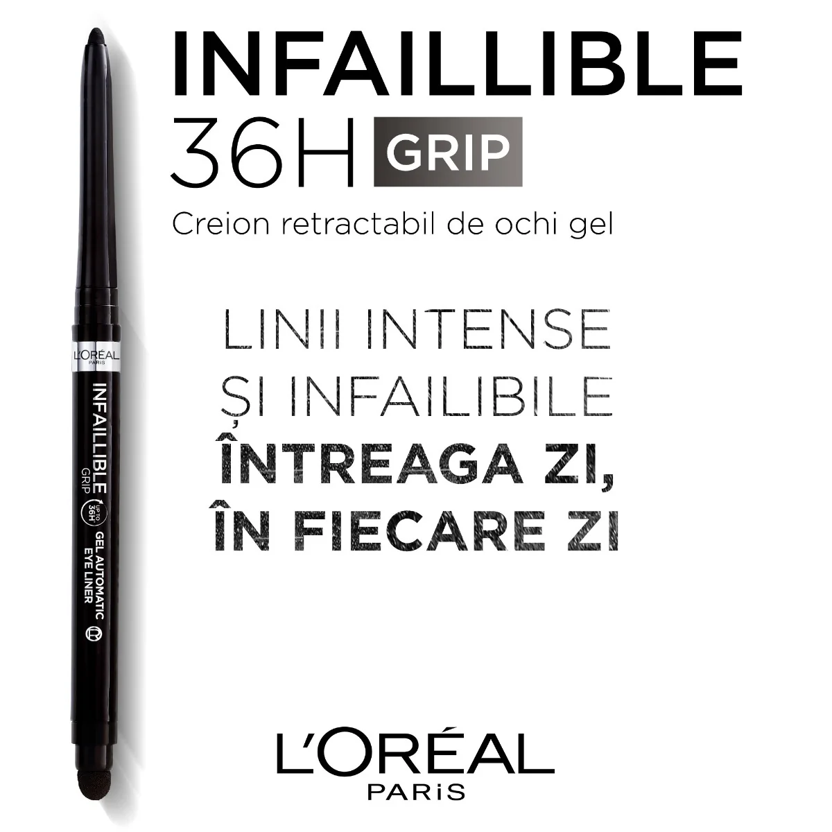 Creion mecanic de ochi gel Infaillible 36H Grip Intense Black, 1.2g, L'Oreal Paris 