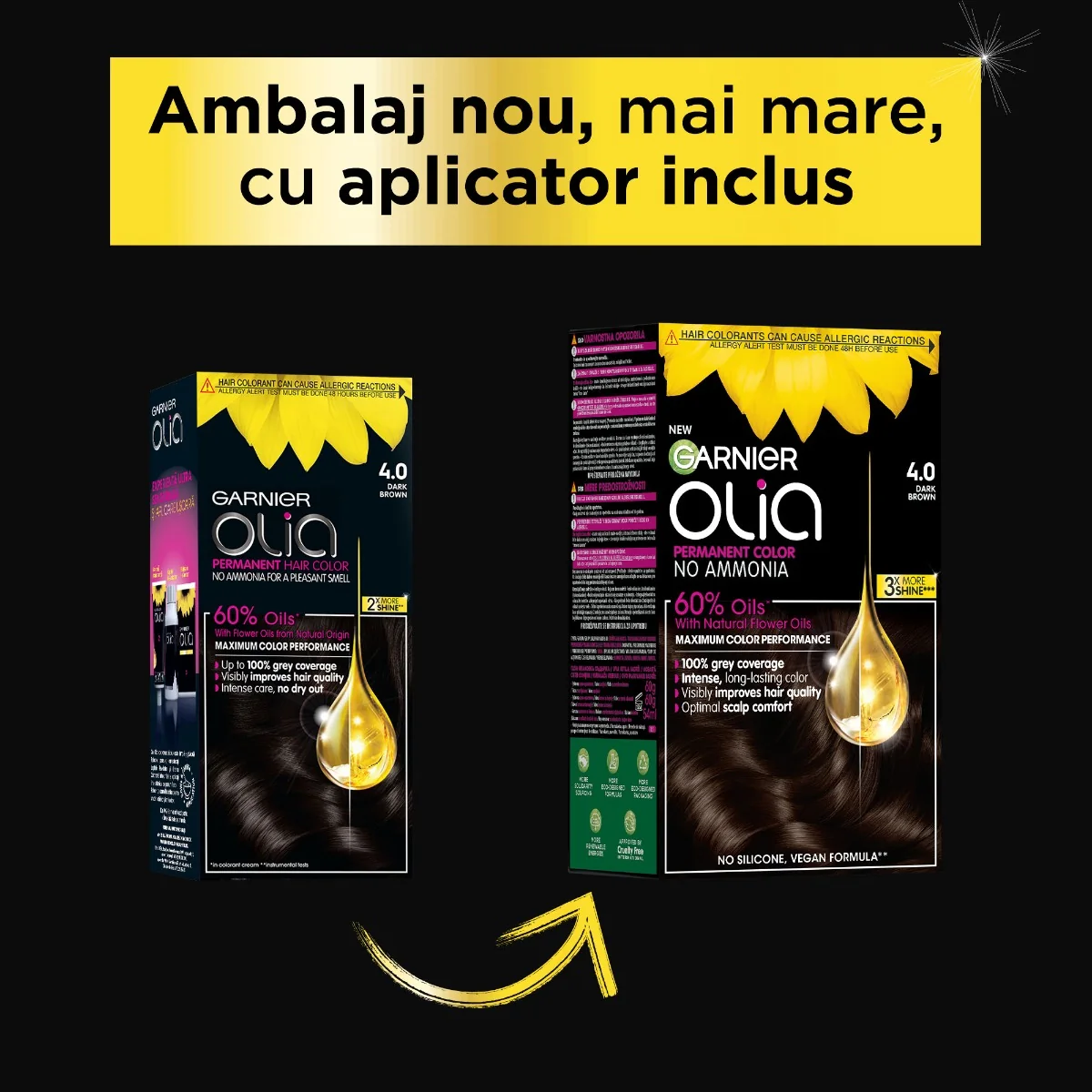 Vopsea de par permanenta fara amoniac 4.0 Dark Brown Olia, 174ml, Garnier 