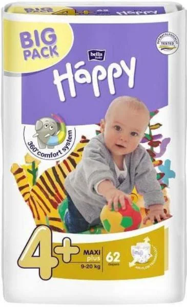 Scutece Happy Maxi Plus 9-20kg, 62 bucati, Bella Baby