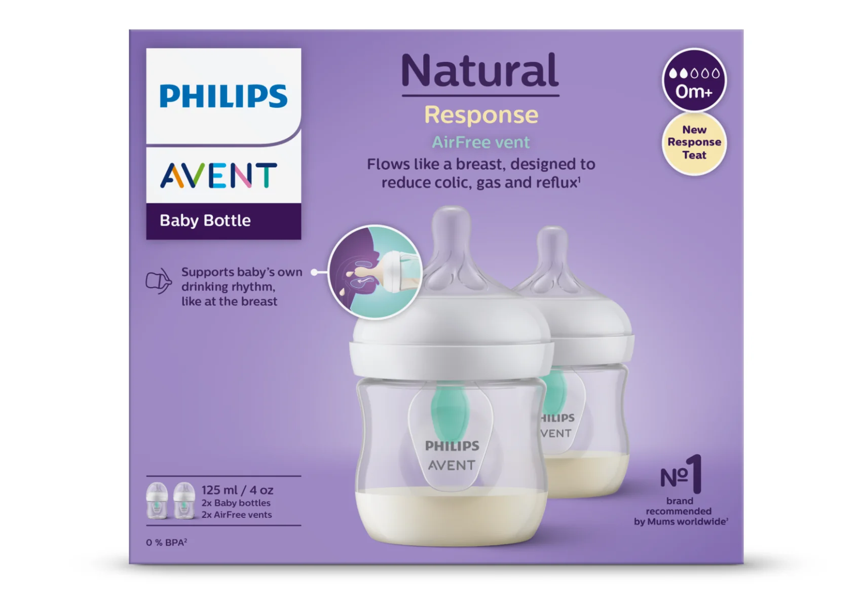 Set biberoane anti-colici pentru +0 luni SCY670/02 Natural Response, 2x125ml, Philips Avent 