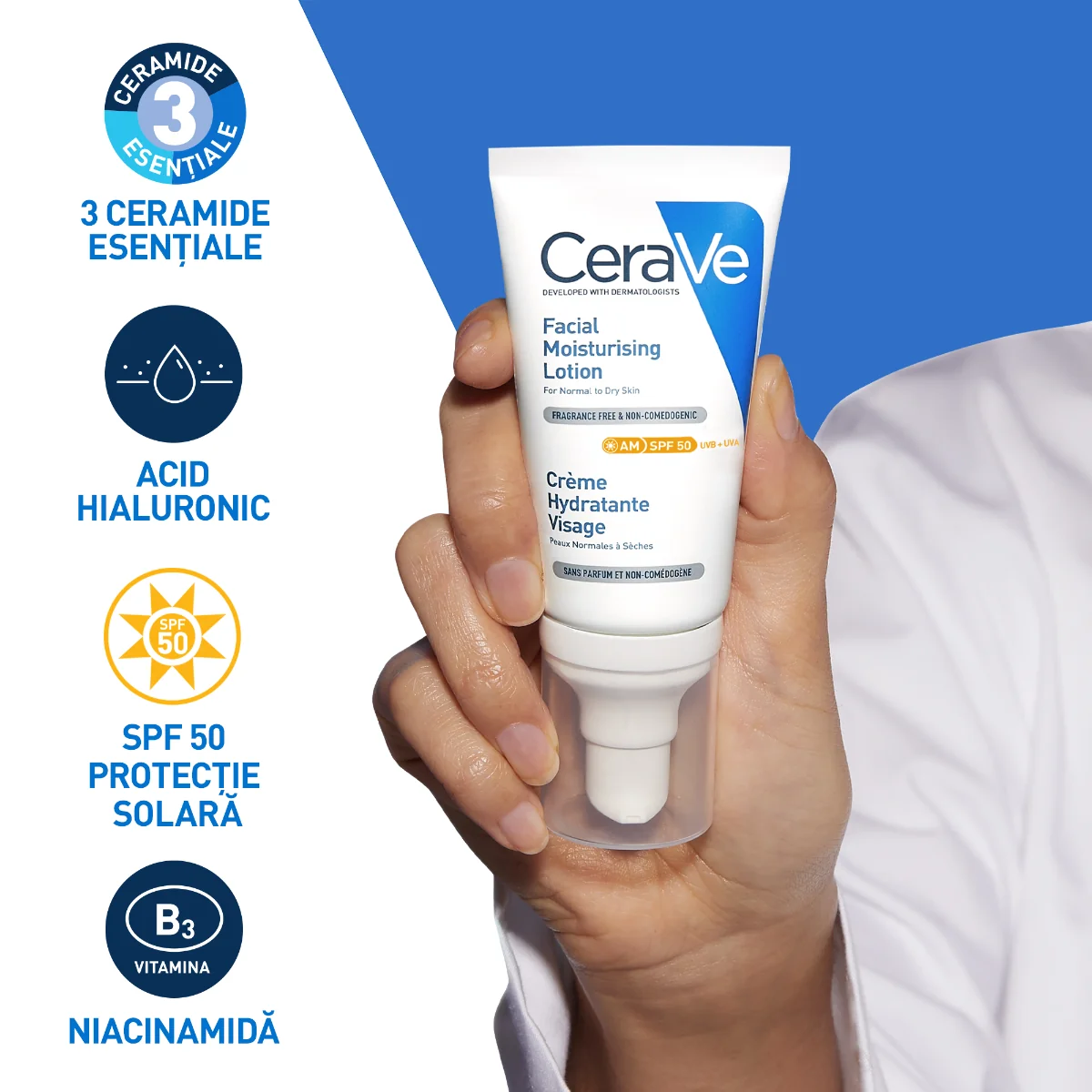 Crema hidratanta pentru ten normal-uscat cu SPF50, 52ml, CeraVe 