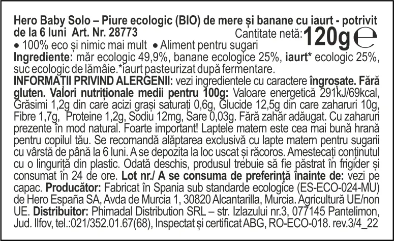 Piure eco de mere si banane cu iaurt Solo pentru +6 luni, 120g, Hero Baby 