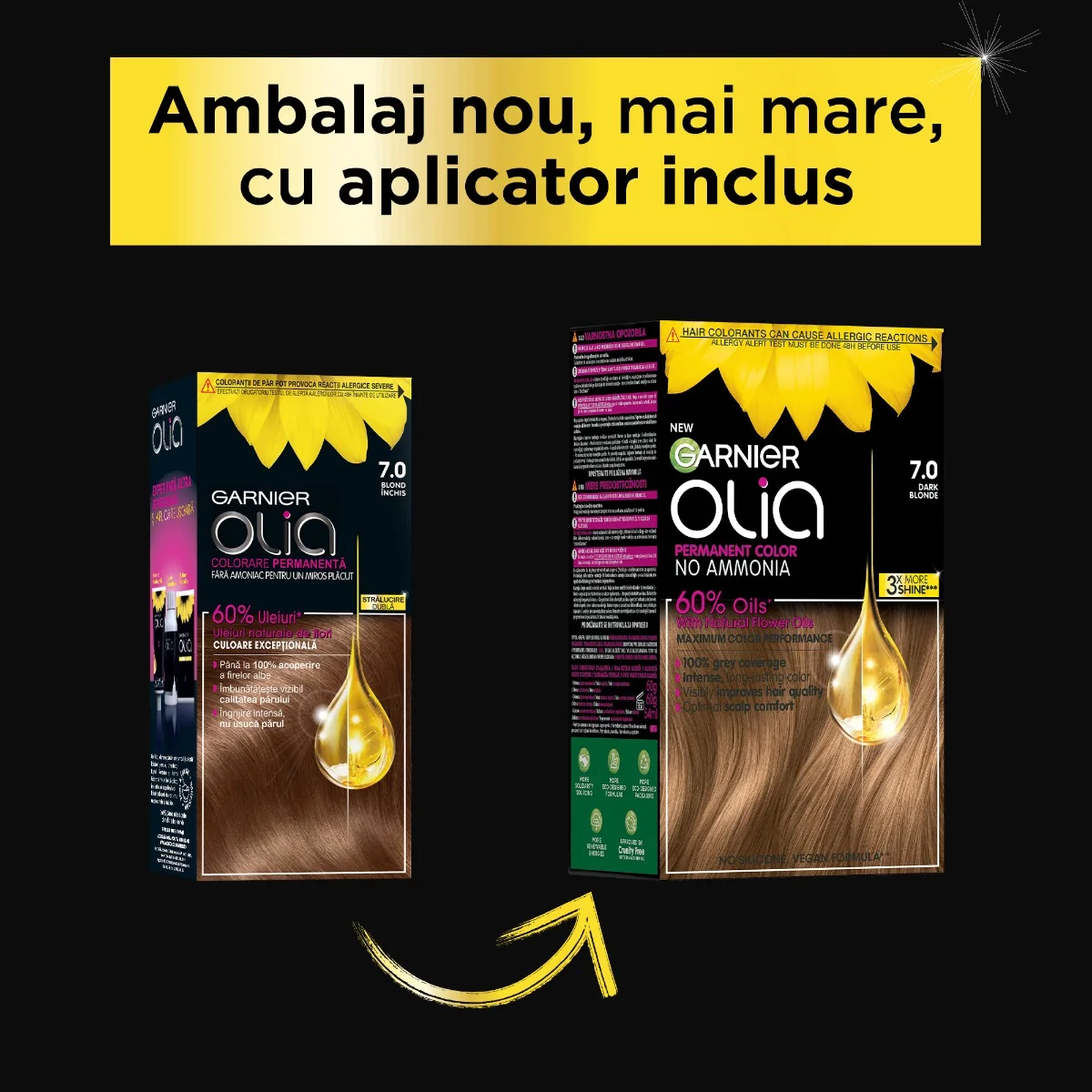 Vopsea de par permanenta fara amoniac 7.0 Dark Blonde Olia, 174ml, Garnier 