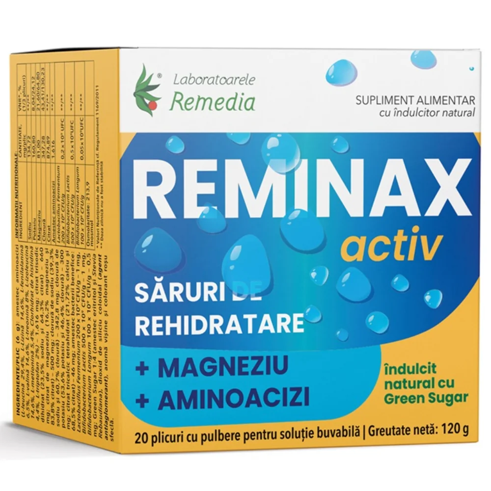 Saruri pentru rehidratare + magneziu si aminoacizi Reminax Activ, 20 plicuri, Laboratoarele Remedia