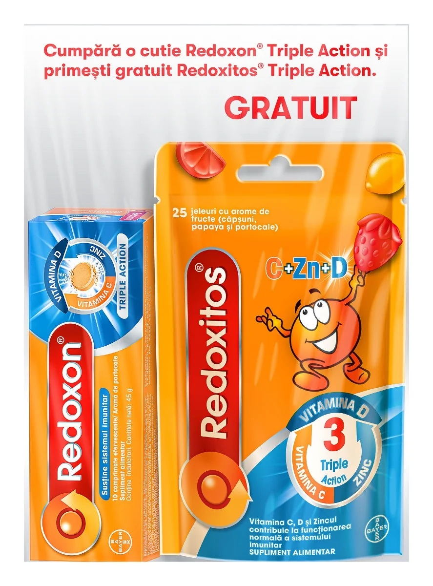 Pachet Redoxon Triple Action 10 comprimate efervescente + Redoxitos Triple Action 25 jeleuri Gratuit, Bayer