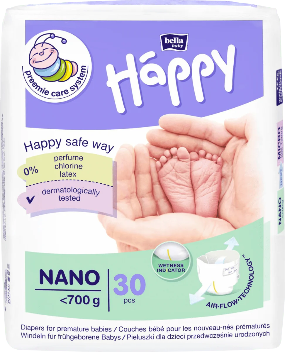 Scutece prematuri cu greutate sub 700g Nano Happy, 30 bucati, Bella Baby