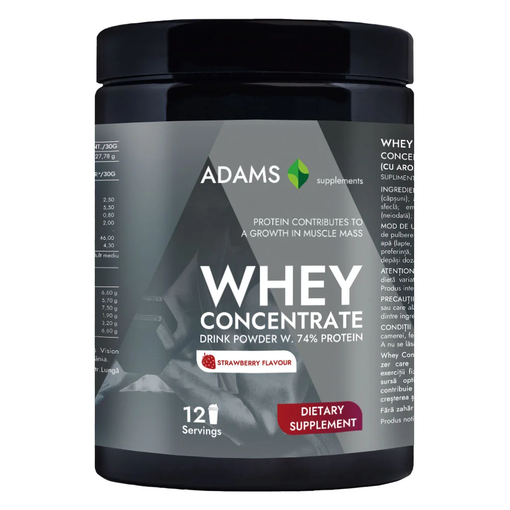 Pudra proteica cu aroma de capsuni Whey Concentrate Protein, 360g, Adams Vision