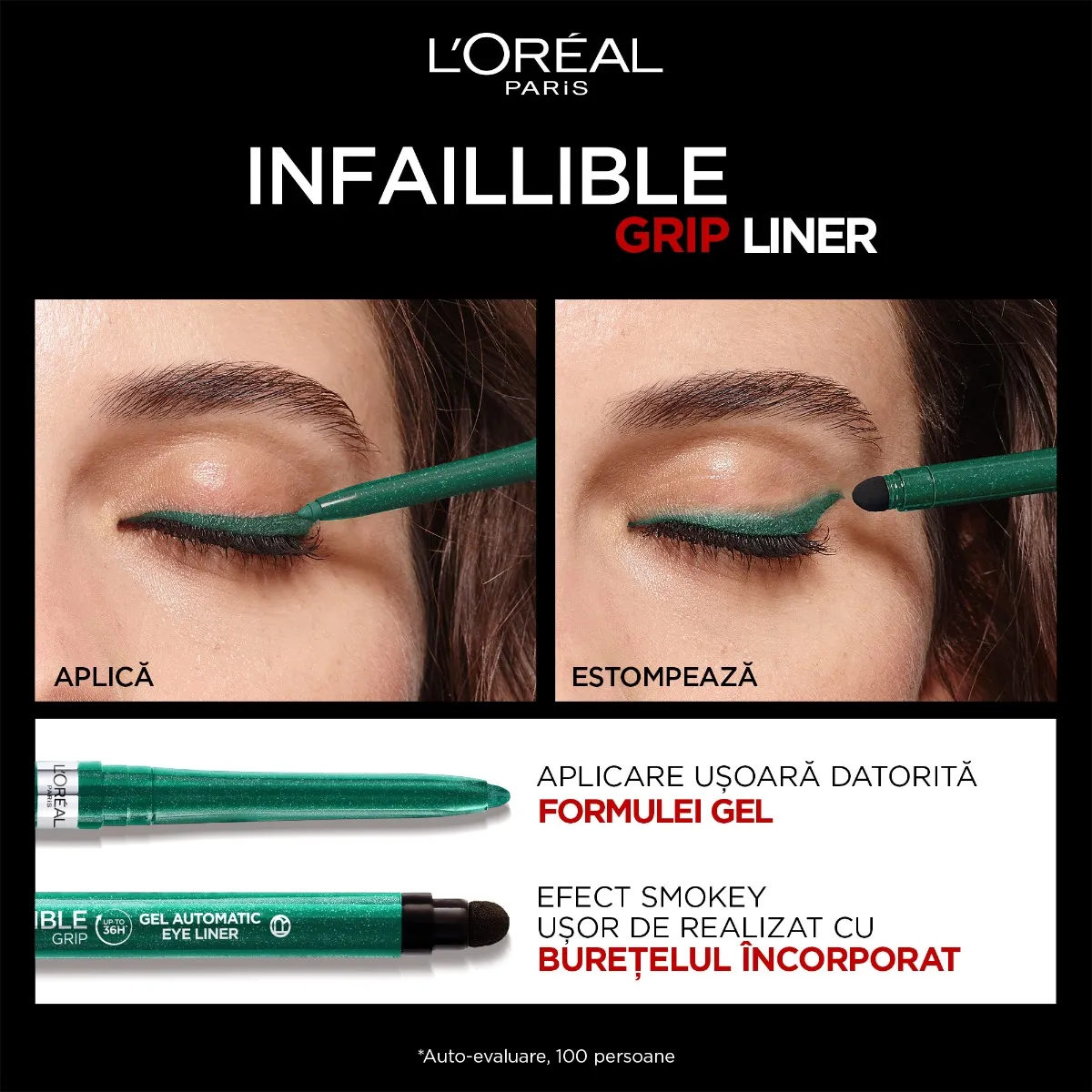 Creion mecanic de ochi gel Infaillible 36H Grip Emerald Green, 1.2g, L'Oreal Paris 