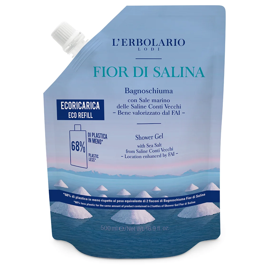 L'Erbolario Rezerva Gel de dus Fior Di Salina Eco Refill, 500ml