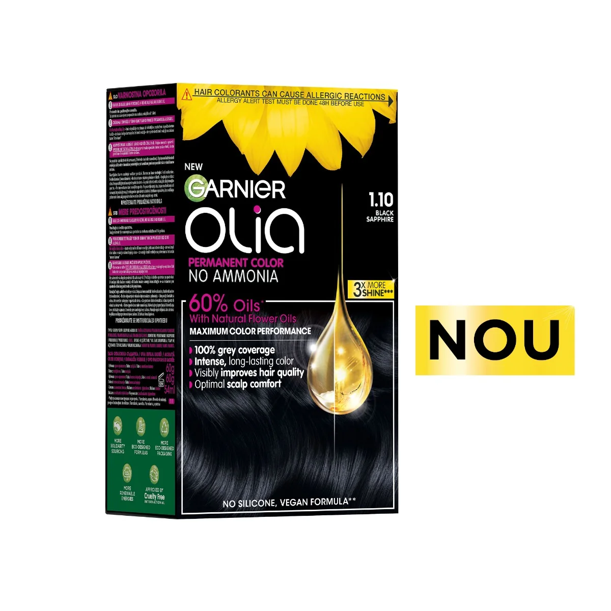 Vopsea de par permanenta fara amoniac 1.10 Black Sapphire Olia, 174ml, Garnier 