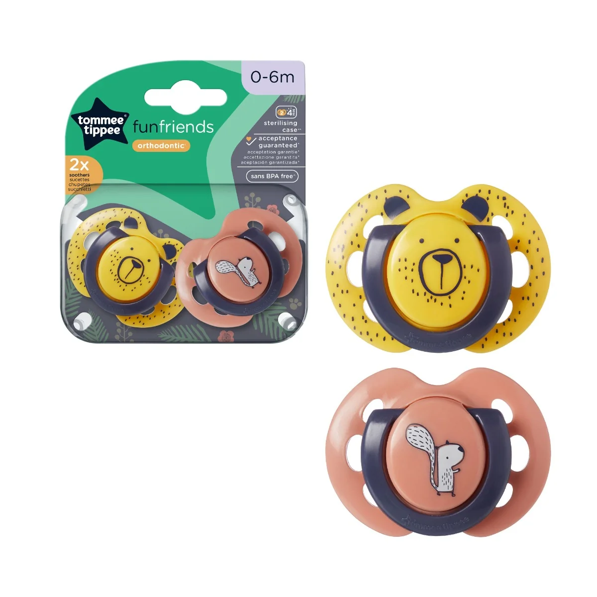 Suzeta ortodontica pentru 0-6 luni Fun Galben/Portocaliu, 2 bucati, Tommee Tippee