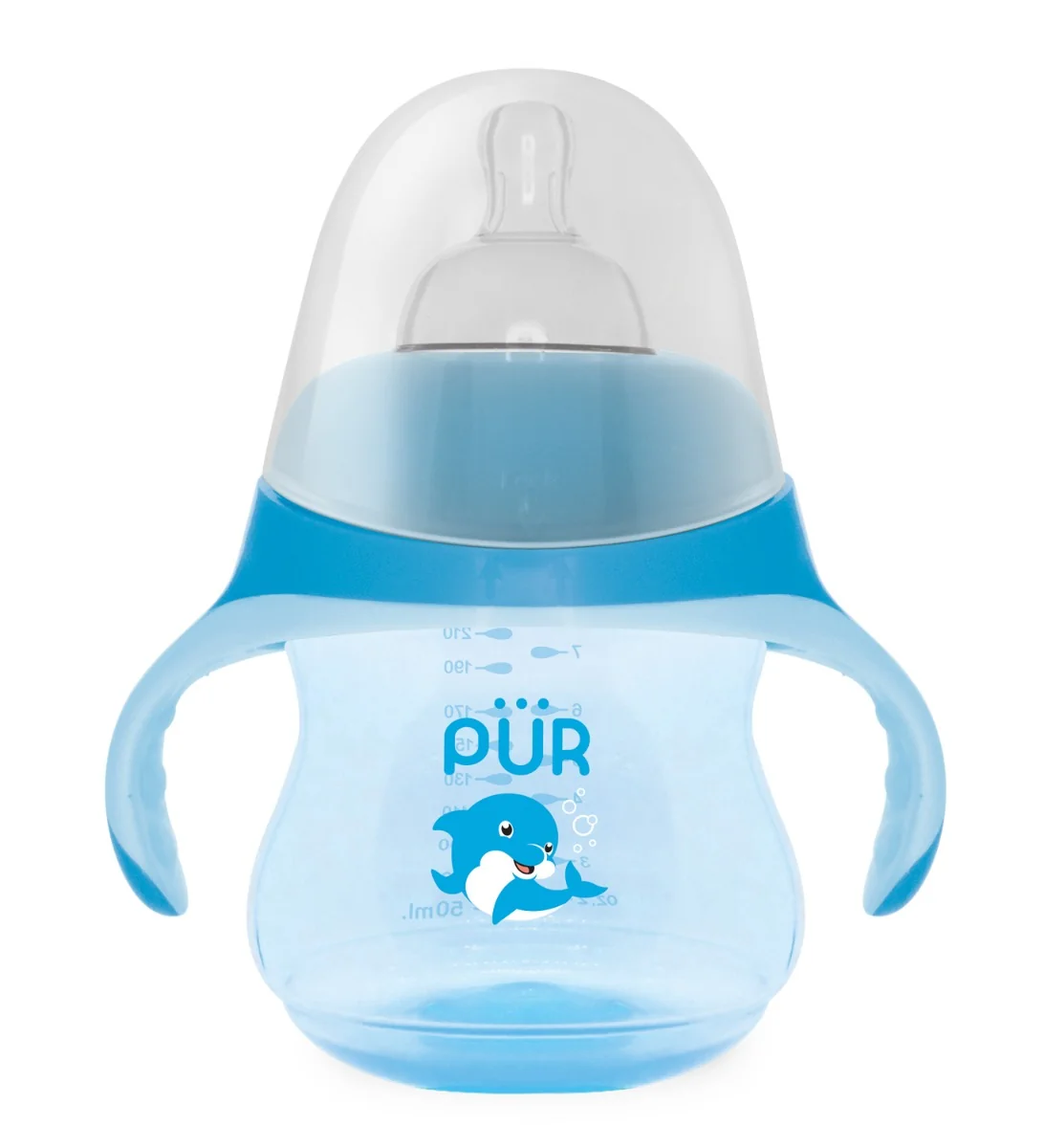 Biberon cu manere tip delfin albastru +6 luni, 230ml, PUR 