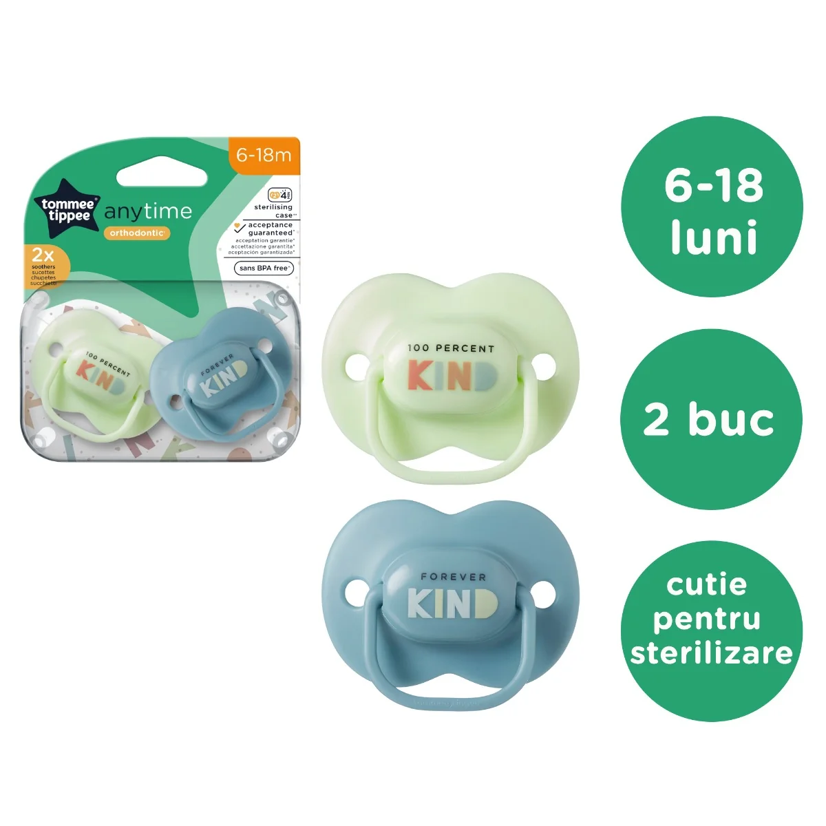 Suzeta ortodontica pentru 6-18 luni Anytime Verde/Albastru, 2 bucati, Tommee Tippee 