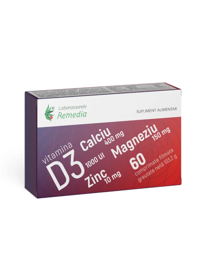 Ca + Mg + Zn + D3, 60 comprimate filmate, Laboratoarele Remedia