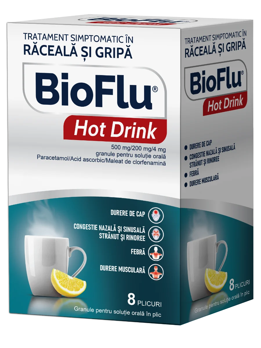 Bioflu Hot Drink 500 mg/200 mg/4 mg granule pentru solutie orala, 8 plicuri, Biofarm