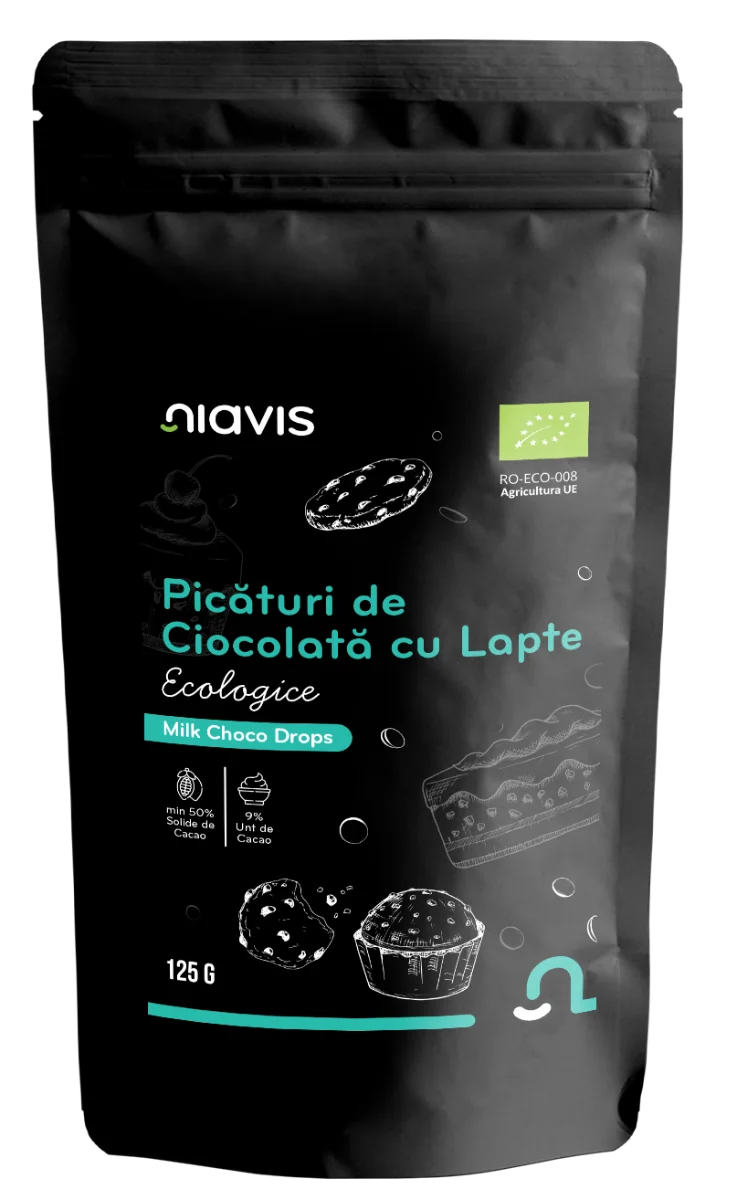 Picaturi de ciocolata cu lapte ecologice, 125g, Niavis