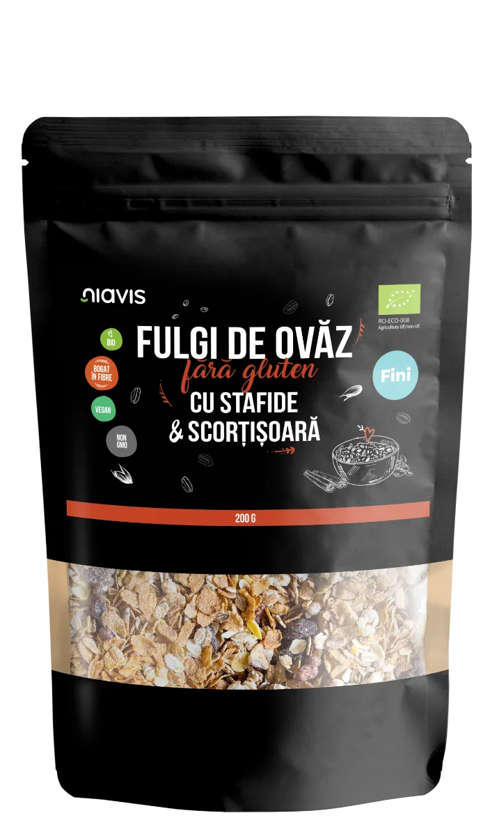 Fulgi de ovaz fini fara gluten cu stafide si scortisoara, 200g, Niavis