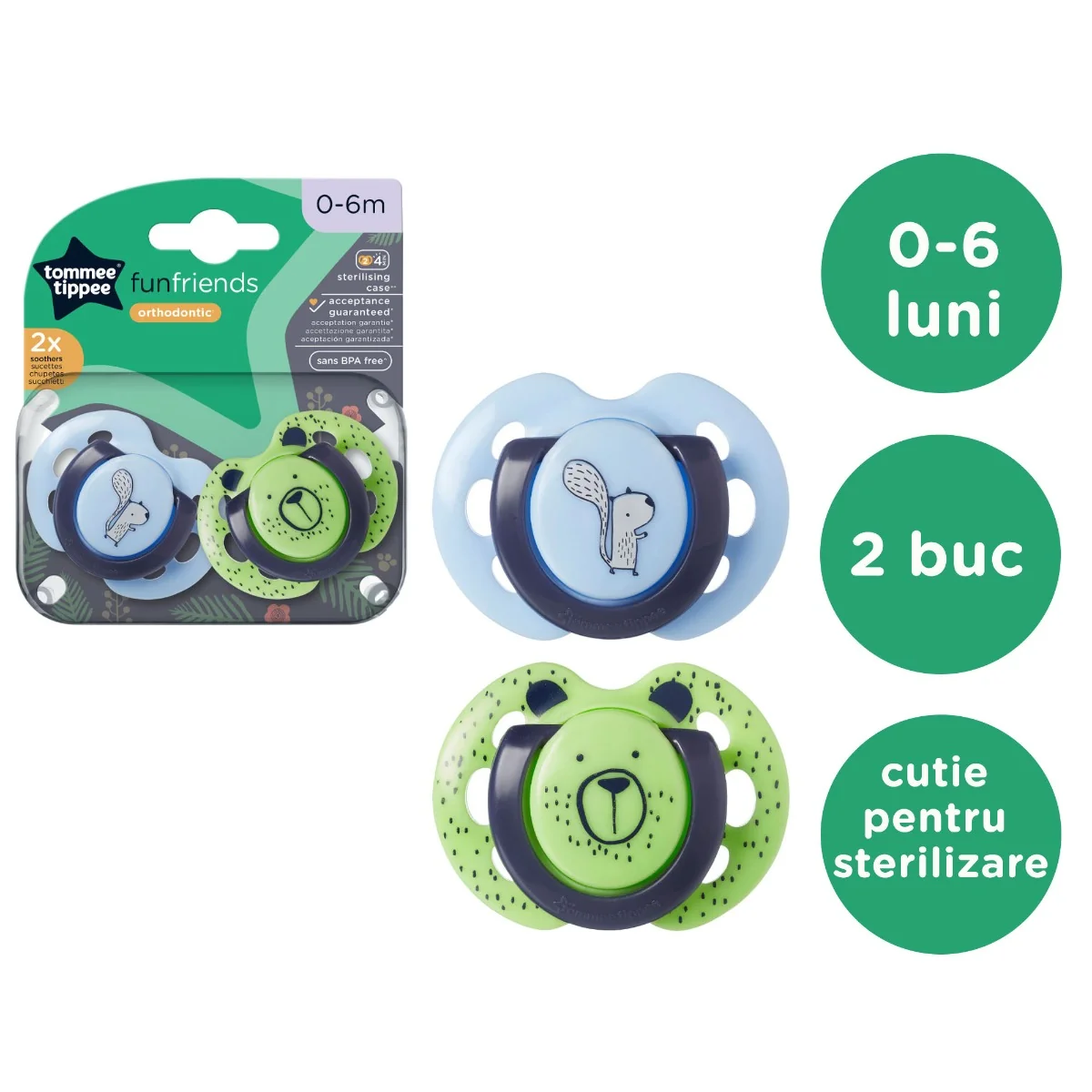 Suzeta ortodontica pentru 0-6 luni Fun Albastru/Verde, 2 bucati, Tommee Tippee 